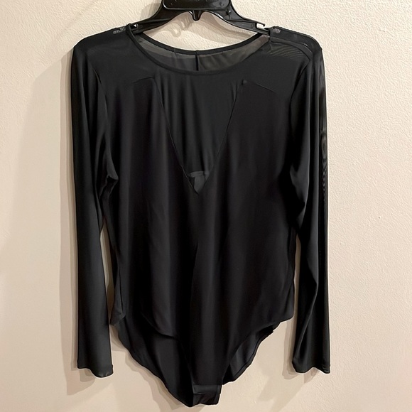 H&M women’s black jersey MESH Sheer V long sleeve bodysuit / leotard size L - Picture 1 of 11